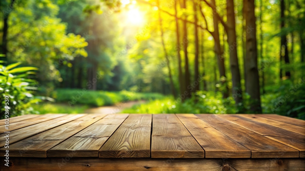 Panoramic wooden table in garden with green forest background Panoramic wooden table in garden with green forest background