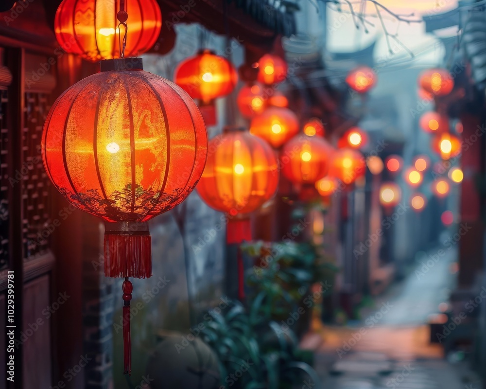 Beautiful traditional red Chinese lanterns hanging in an old street, warmly glowing in the evening, creating a festive atmosphere.
