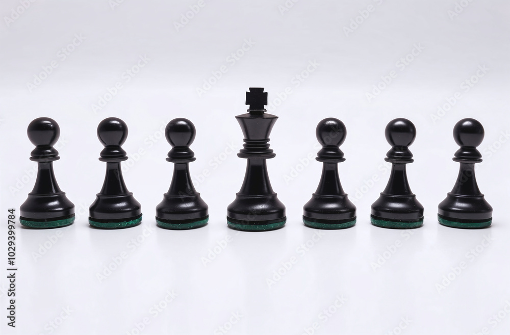 King chess piece standing out among pawns on a white background, leadership, uniqueness, think different King chess piece standing out among pawns on a white background, leadership, uniqueness, think different