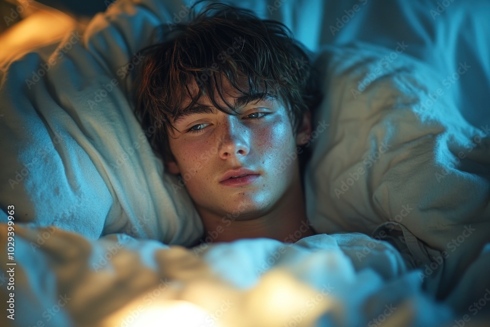 A young man lying in bed, looking contemplative with soft lighting around him. A young man lying in bed, looking contemplative with soft lighting around him.