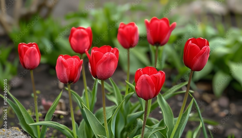 Bright red tulips in full bloom in a garden with green leaves and soil, creating a vibrant spring scene. Bright red tulips in full bloom in a garden with green leaves and soil, creating a vibrant spring scene.