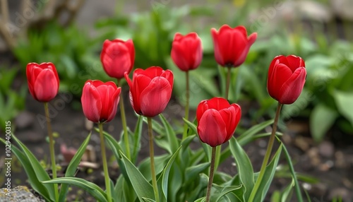 Bright red tulips in full bloom in a garden with green leaves and soil, creating a vibrant spring scene.