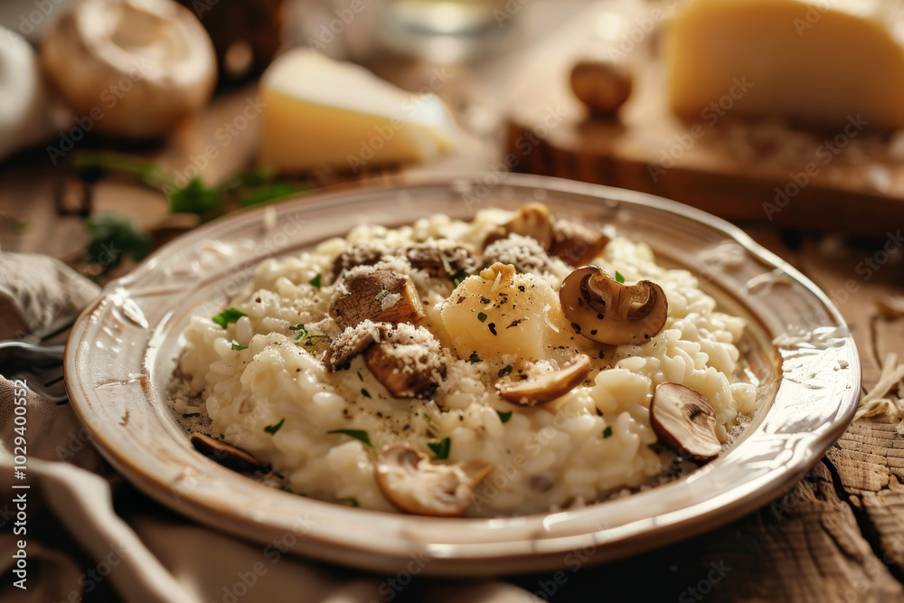 Un piatto di risotto ai funghi servito su un rustico tavolo di legno