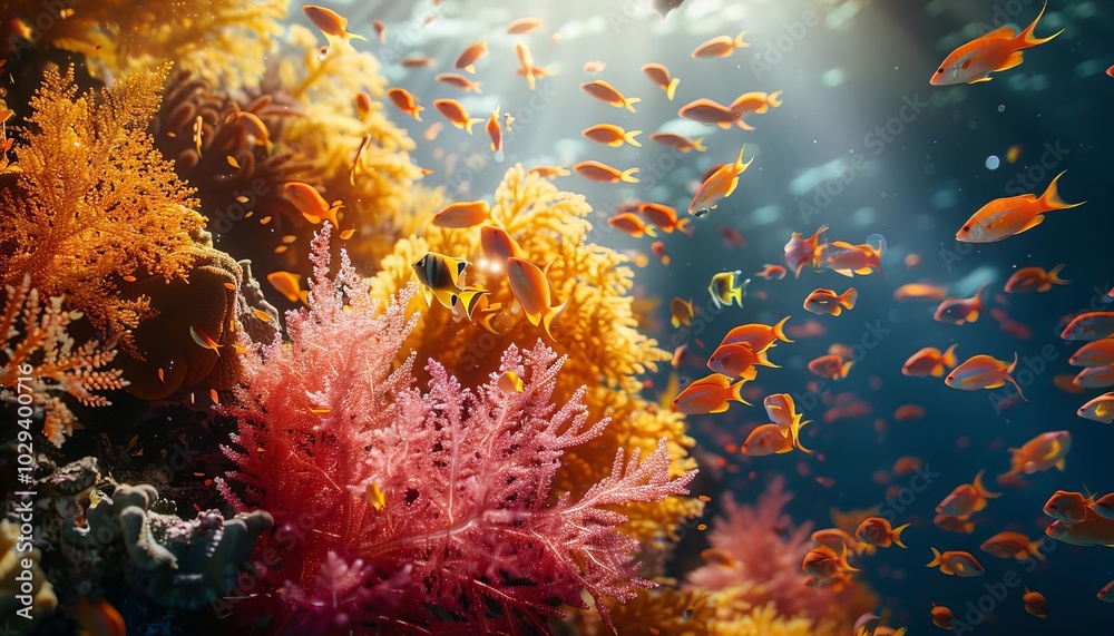 Fototapeta premium Vibrant underwater scene with colorful coral reefs and tropical fish swimming in crystal-clear ocean water, showcasing marine biodiversity.