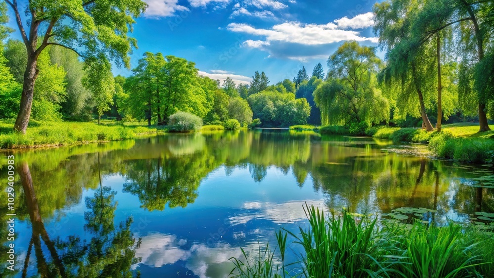 Calm and still pond surrounded by lush greenery and trees on a warm summer day, sunny day, greenery, nature photography Calm and still pond surrounded by lush greenery and trees on a warm summer day, sunny day, greenery, nature photography