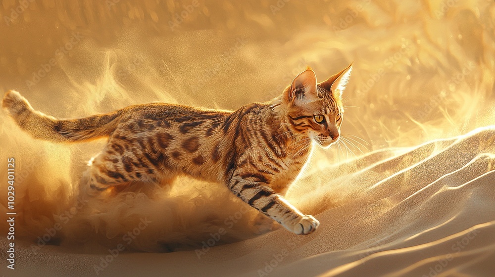 Obraz premium A photo of a feline sprinting on the beach under bright sunlight, its fur illuminated from behind Despite being blurry, it captures the essence of a playful cat enjoying