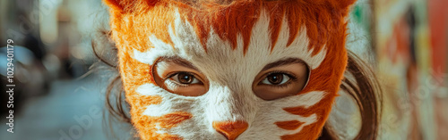 Girl wearing a gray cat mask made of felt fabric. Quadrobists. photo