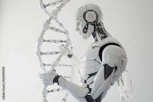 Robot che tiene in mano un DNA umano, mostrando la simbiosi tra tecnologia e genetica photo