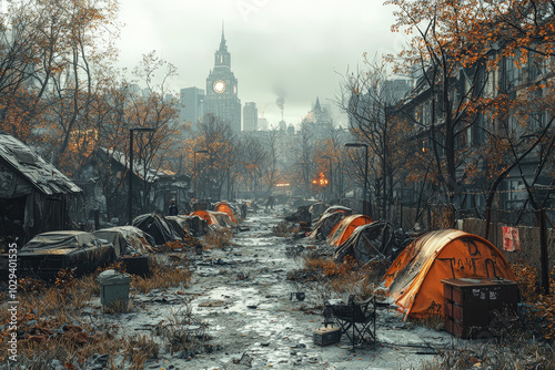 A homeless encampment in a major city, representing the social fallout of economic and political collapse. Concept of social collapse.