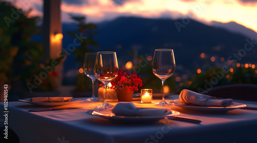 A romantic outdoor dinner setup on a private terrace of a five-star hotel at dusk.