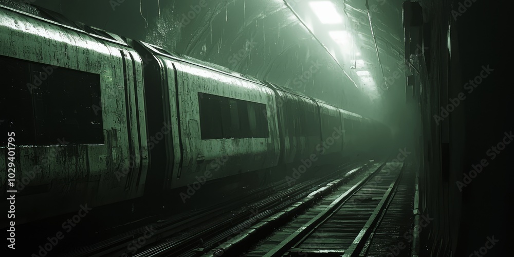 Abandoned Connections - Dystopian Future Train Station with Derelict Trains, Symbolizing Lost Society in Chaotic World, Cinematic Light Effects Abandoned Connections - Dystopian Future Train Station with Derelict Trains, Symbolizing Lost Society in Chaotic World, Cinematic Light Effects
