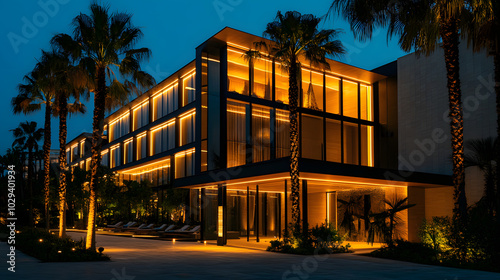 A sleek modern five-star hotel exterior at night with illuminated facade and palm trees.