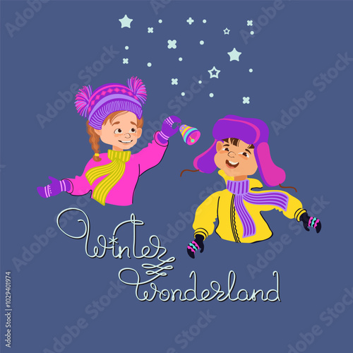 Happy kids in winter clothes and handwritten inscription Winter Wonderland. Boy and girl. Cartoon children enjoying the snowfall. Holiday greeting card. Vector illustration.