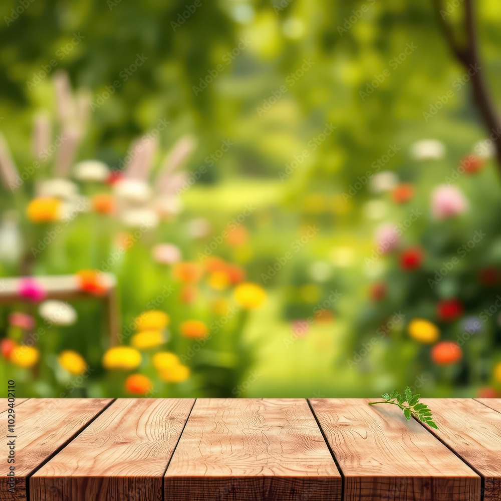 Wooden Table with Floral Garden Natural Background Wooden Table with Floral Garden Natural Background
