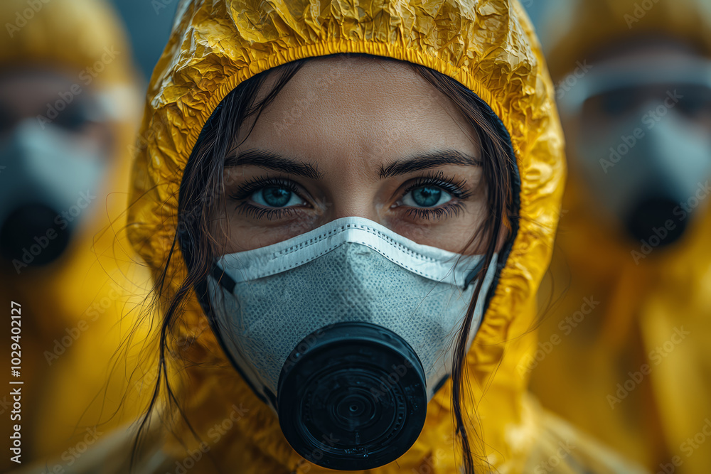 A group of people wearing masks and protective gear, symbolizing public health crises during global disasters. Concept of health collapse.