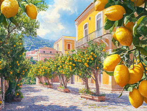 a realistic style art print of sorrento with lemon trees
