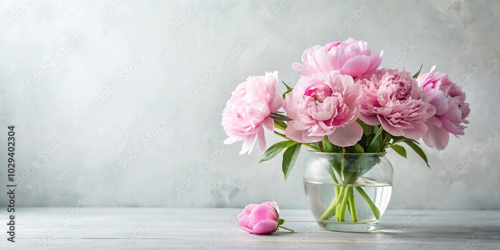 Peony flowers in glass cup on table surface Peony flowers in glass cup on table surface