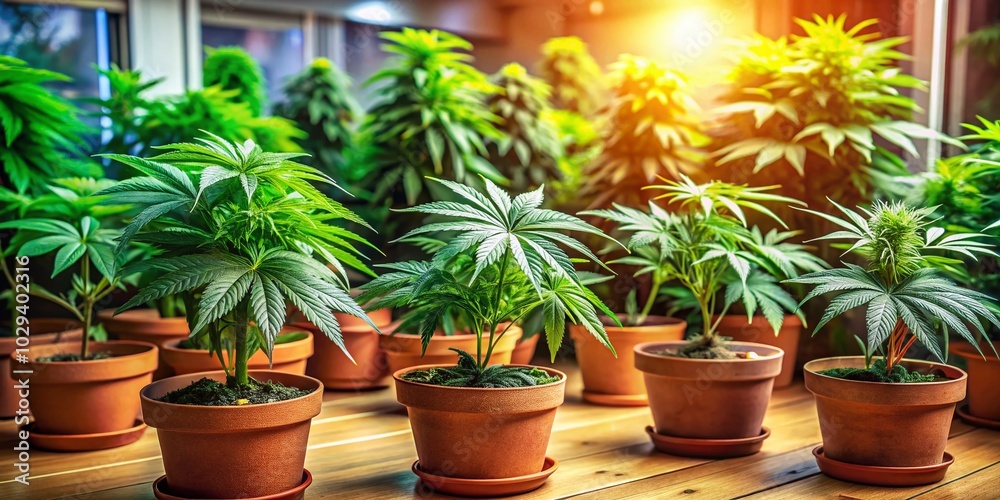 Obraz premium Indoor Small Marijuana Plant Garden Growing - Candid Photography of Lush Greens