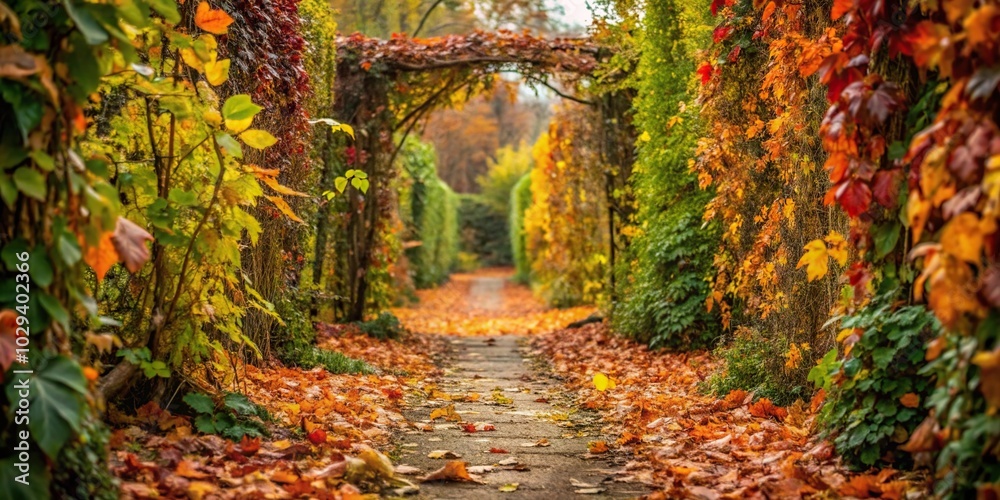 Overgrown garden paths with fallen leaves and vines in autumn, seasonal change, natural decay, neglected garden Overgrown garden paths with fallen leaves and vines in autumn, seasonal change, natural decay, neglected garden