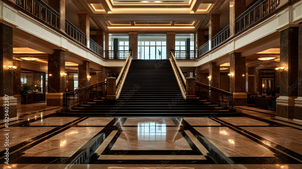 A stunning five-star hotel foyer with polished marble floors art deco lighting and a grand staircase. A stunning five-star hotel foyer with polished marble floors art deco lighting and a grand staircase.