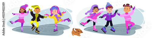 Happy kids skating. Winter outdoor activity. Boy and girls in bright winter clothes. They are cute little skaters and a dog. Cartoon children. Hand-drawn flat vector illustration.