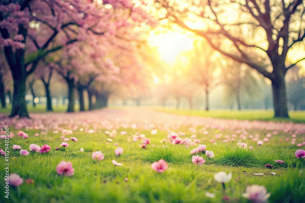 Pastel pink flowers scattered on a soft grassy field with a few trees in the background, field, outdoors, blossom Pastel pink flowers scattered on a soft grassy field with a few trees in the background, field, outdoors, blossom