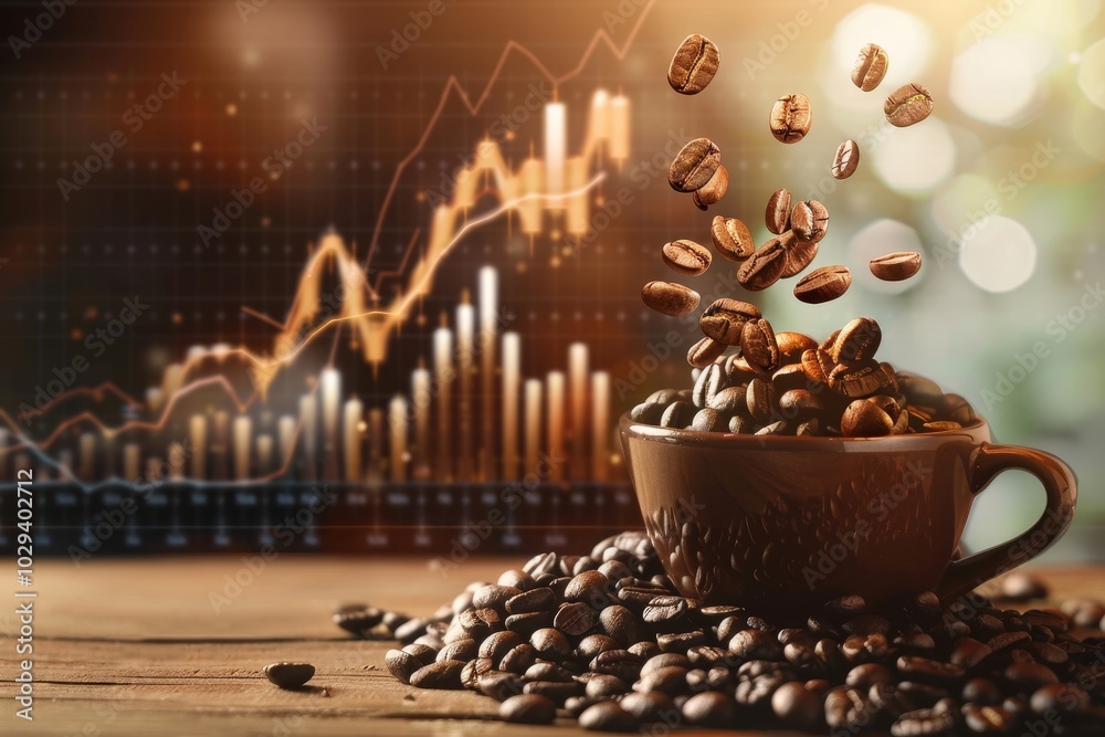 Obraz premium Chicchi di caffè che cadono in una tazza mentre sullo sfondo si vede un grafico del mercato azionario in rialzo, a simboleggiare la crescita del mercato del caffè