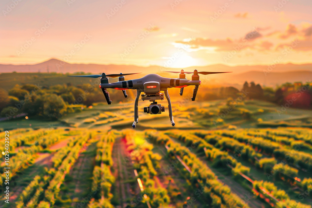 Drone che vola sopra vasti campi agricoli verdi, monitorando i raccolti con precisione, sotto un cielo limpido, con la luce del sole che illumina i campi sottostanti Drone che vola sopra vasti campi agricoli verdi, monitorando i raccolti con precisione, sotto un cielo limpido, con la luce del sole che illumina i campi sottostanti