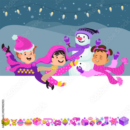 Happy children in bright winter clothes and a snowman. Greeting card template. Cheerful cartoon kids, Christmas decor, and a place for your text. Vector illustration.