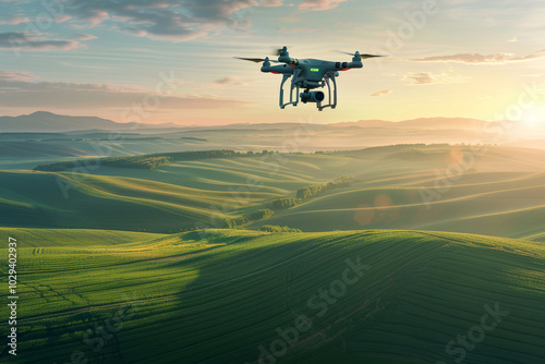 Drone che vola sopra vasti campi agricoli verdi, monitorando i raccolti con precisione, sotto un cielo limpido, con la luce del sole che illumina i campi sottostanti