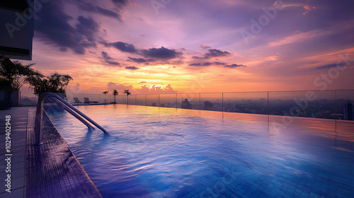 A stylish five-star hotel rooftop infinity pool with glass railings and sunset views. photo