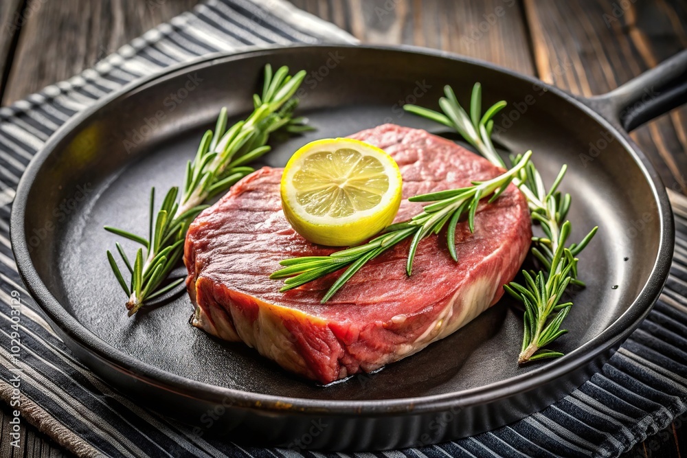 photo of a juicy steak cooking on a pan with a lemon and rosemary sprig, with blurred background photo of a juicy steak cooking on a pan with a lemon and rosemary sprig, with blurred background