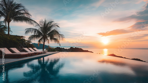 A tranquil poolside at a five-star hotel overlooking the ocean at sunset.