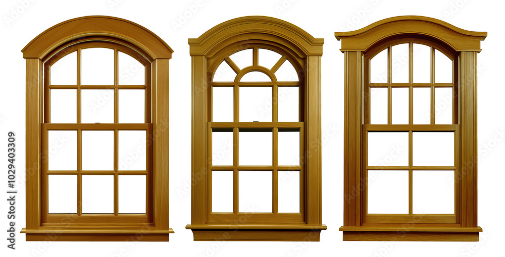 Three windows with a wooden frame. The windows are all the same size and shape on transparent background cutout, PNG file.