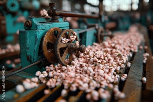 A detailed view of vintage machinery in an industrial factory processing large quantities of raw cotton, highlighting the mechanical elements and historical production techniques.