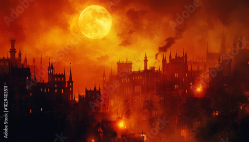 Paesaggio urbano in stile Halloween con un'atmosfera spettrale e inquietante. Sfondo isolato in tonalità di arancione e giallo, perfetto per una notte spettrale photo