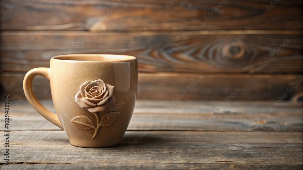 Warm beige ceramic coffee mug with a single rose etched into the side, sitting on a rustic wooden table, beige ceramic mug, table setting, wooden table Warm beige ceramic coffee mug with a single rose etched into the side, sitting on a rustic wooden table, beige ceramic mug, table setting, wooden table