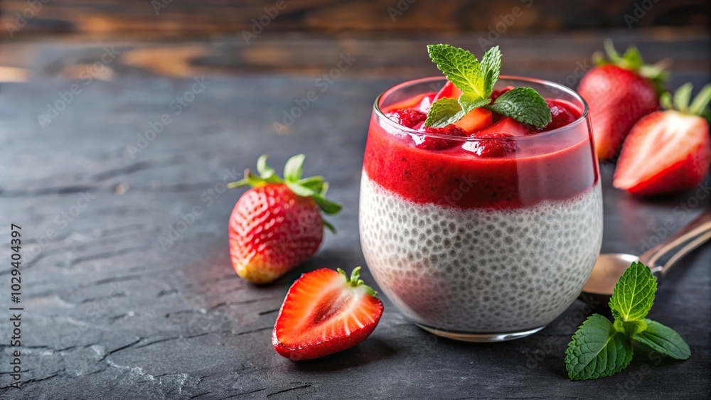 Photograph of delicious chia pudding topped with strawberry sauce and fresh berries Photograph of delicious chia pudding topped with strawberry sauce and fresh berries