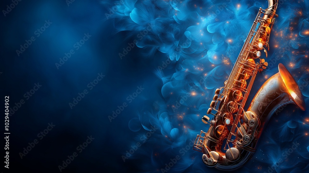 Obraz premium A glowing saxophone surrounded by musical notes and abstract smoke, symbolizing jazz, creativity, and the soulful expression of music, Generative AI