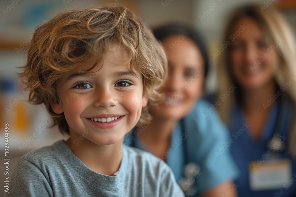 A smiling boy in a medical setting with two healthcare professionals in the background. A smiling boy in a medical setting with two healthcare professionals in the background.