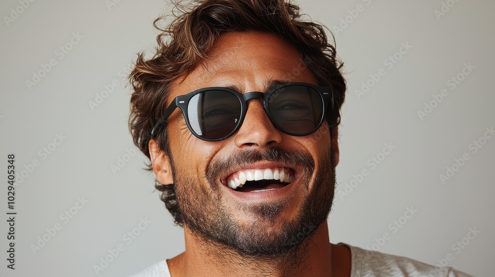 A man with sunglasses laughing joyfully against a plain background captured in a casual indoor setting A man with sunglasses laughing joyfully against a plain background captured in a casual indoor setting
