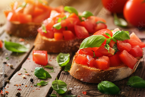 Bruschetta rustica al pomodoro su un antico tavolo di legno, con la calda luce del tramonto che illumina i dettagli dei pomodori maturi e delle foglie di basilico fresco photo