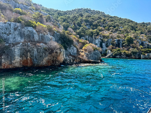 Kas, Kekova island, Turkey. Sunken Lycian town view on Kekova island near Kas, Antalya district, Turkiye. The Kekova region is steeped in history, with ruins of ancient settlements around photo