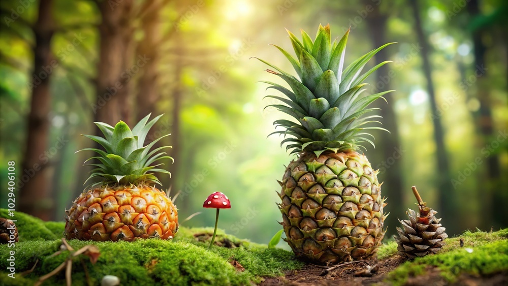 Obraz premium pineapple with mushrooms and ladybug on forest floor low angle view