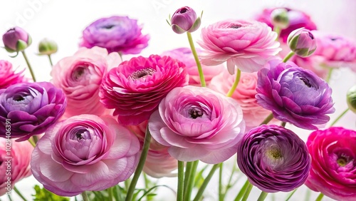 Fototapeta Naklejka Na Ścianę i Meble -  Pink and purple translucent ranunculus flowers on a white background Wide-Angle