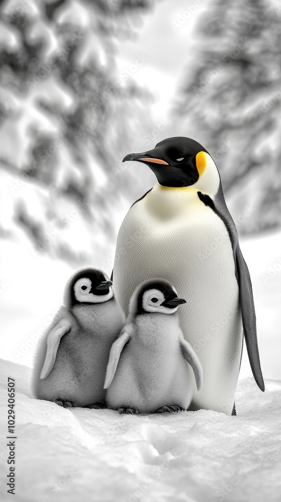 Fototapeta premium Emperor penguins nurture their chick on a serene ice landscape in a timeless black and white moment