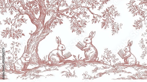   Two rabbits reading a book under a tree with a tree branch in the foreground Another rabbit reading a book in the foreground