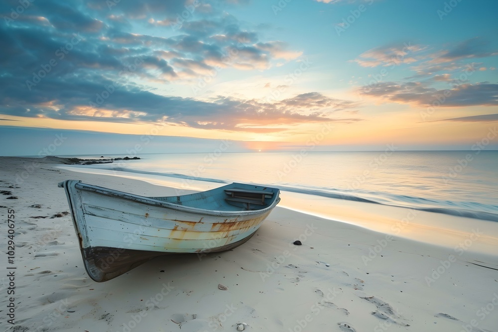Abandoned boat on a sandy beach at sunrise Abandoned boat on a sandy beach at sunrise