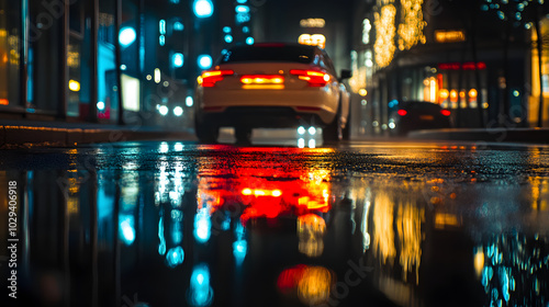 Ein Sportwagen rast durch eine regnerische Innenstadt die Lichter der Stadt spiegeln sich auf dem nassen Asphalt. photo