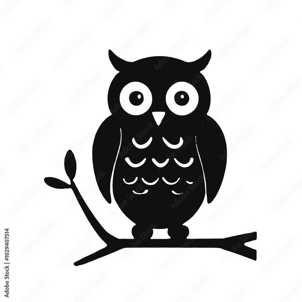 A black and white silhouette of an owl perched on a branch A black and white silhouette of an owl perched on a branch